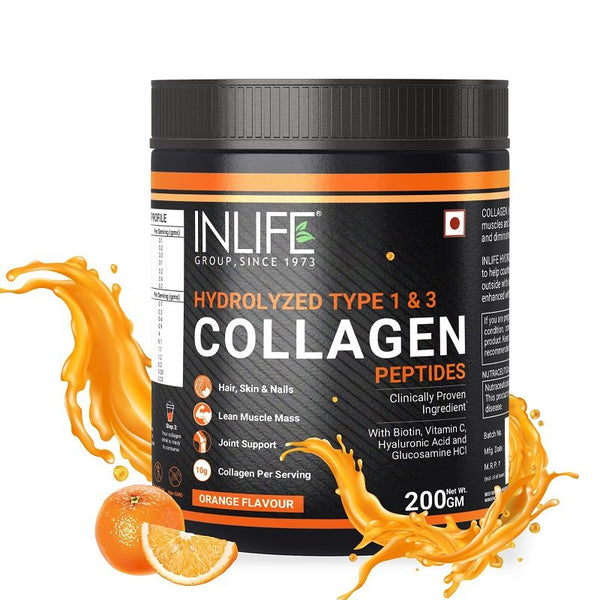 Inlife Hydrolysed Collagen Peptides Powder Type 1 and 3 Orange Flavour - 200 gms