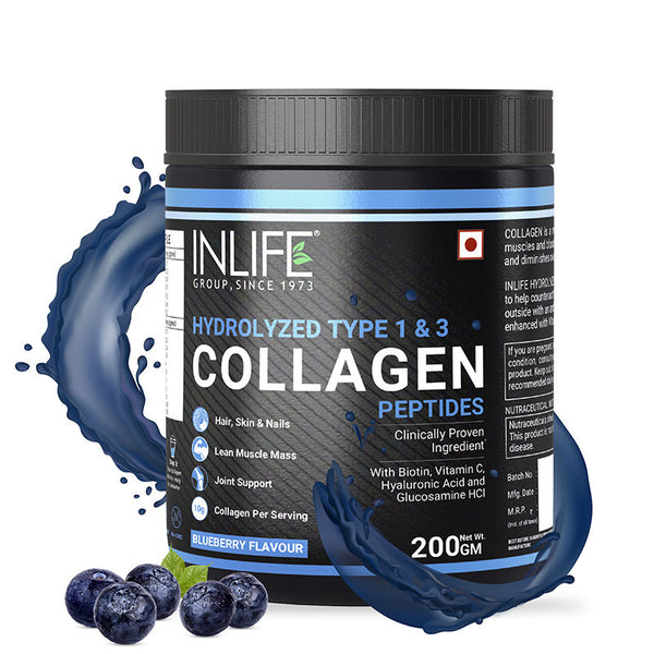 Inlife Hydrolyzed Type 1 And 3 Collagen Peptides - Blueberry Flavour - 200 gms