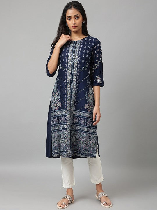 W Women Blue Ethnic Motifs Printed Round Neck Kurta