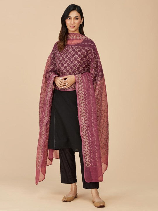 Fabindia Ethnic Motifs Embroidered Cotton Silk Dupatta - Maroon & Gold