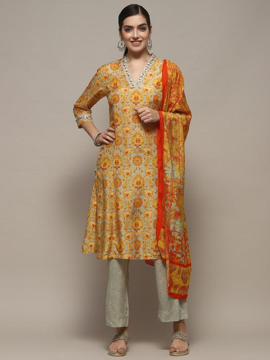 Biba Ethnic Printed V Neck Regular Kurta with Palazzos & Dupatta