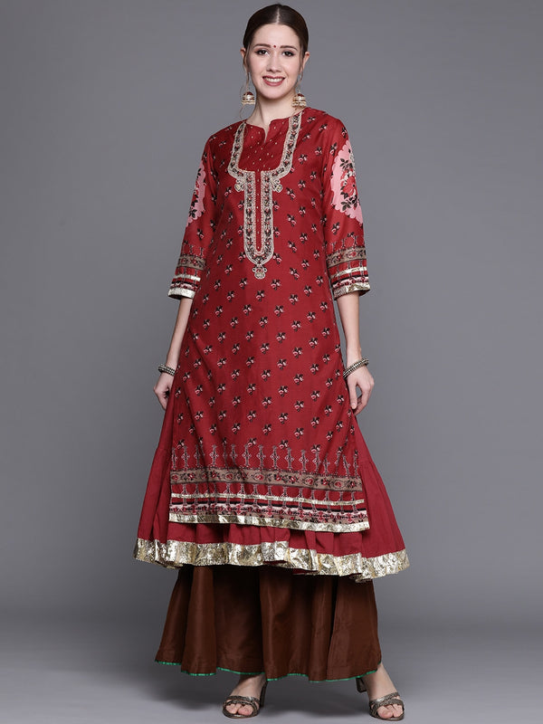 Biba Women Red & Black Ethnic Motifs Woven Design Gotta Patti Winter Kurta