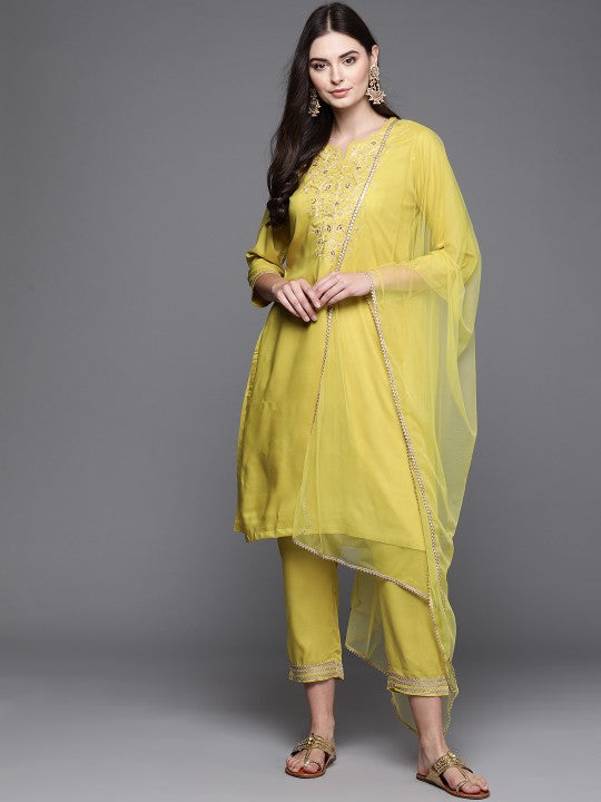 Biba Women Lime Green Embroidered Kurta with Trousers & Dupatta