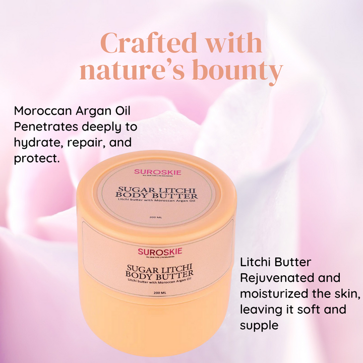 Suroskie Sugar Litchi Body Butter with Moroccan Argan Oil Extract - Hydration Upto 96 Hrs, Deep Nourishment, Suitable For All Skin Types (200ml)