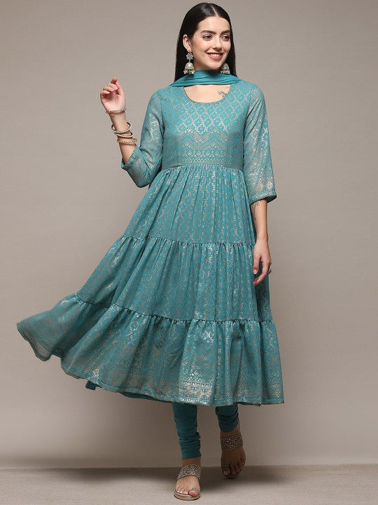 Biba Floral Printed Empire Kurta & Churidar With Dupatta