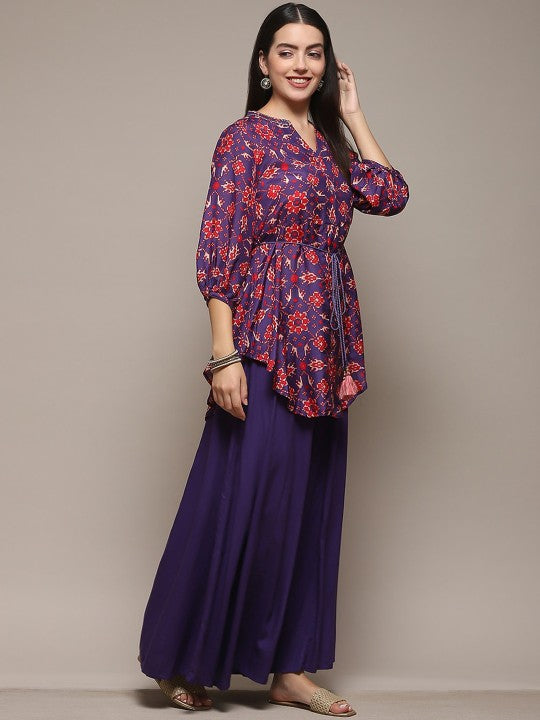 Biba Ethnic Motifs Printed Band Collar Tie-Up A-Line Kurta With Palazzos