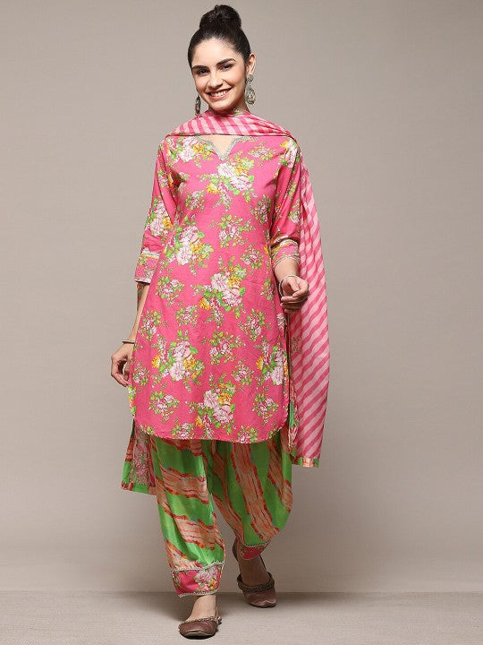 Biba Floral Printed Round Neck Kurta With Salwar & Dupatta