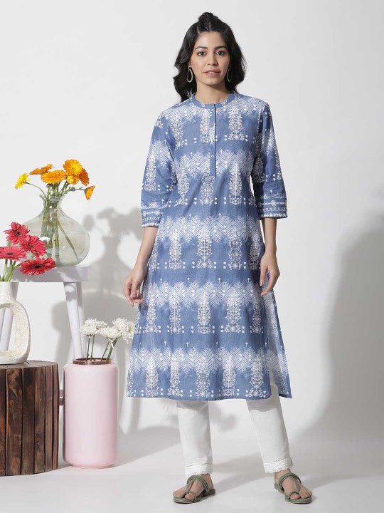 W Floral Printed Mandarin Collar Pure Cotton Straight Kurta