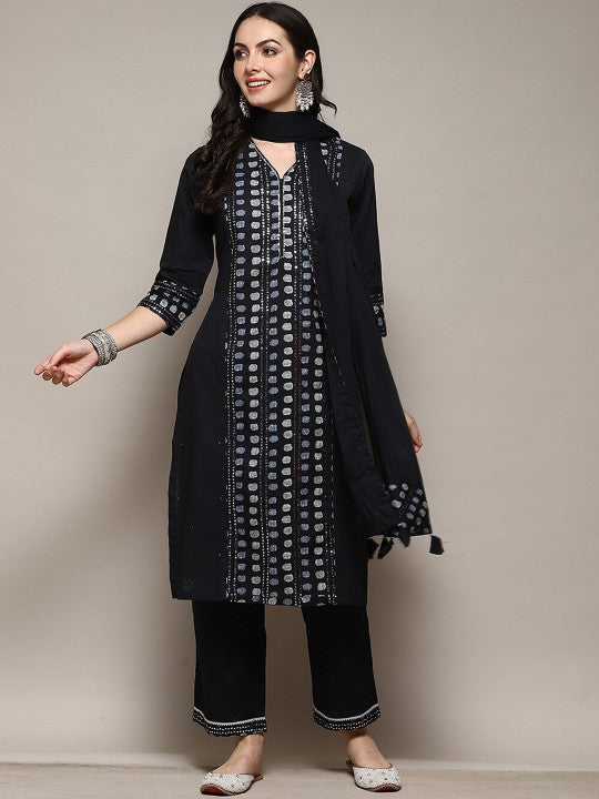 Biba V Neck Ethnic Motif Printed Sequinned Regular Kurta & Trouser With Dupatta