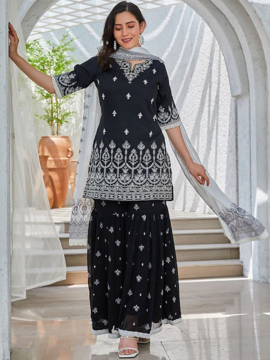 Biba Ethnic Motifs Embroidered Straight Kurta With Sharara & Dupatta - Black