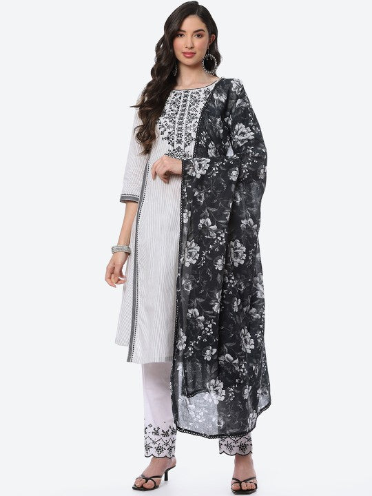 Biba Women Black & White Striped Embroidered Detail Cotton Kurta with Trousers & Dupatta