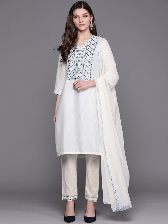 Biba Women Off-White & Blue Yoke Design Kurta with Trousers & Dupatta