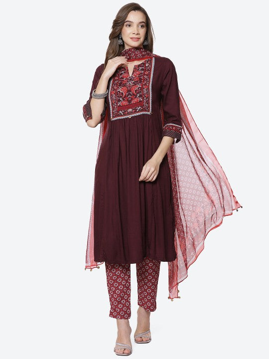 Biba Women Burgundy Yoke Design Kurti with Trousers & With Dupatta