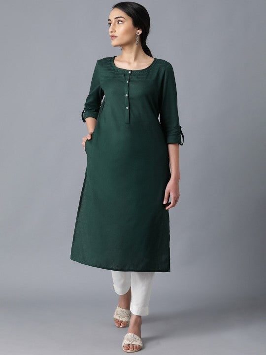 W Women Green Round Neck Solid Kurta