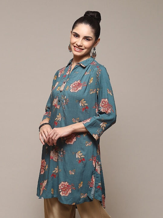 Biba Teal Floral Print Roll-Up Sleeves Shirt Style Longline Top