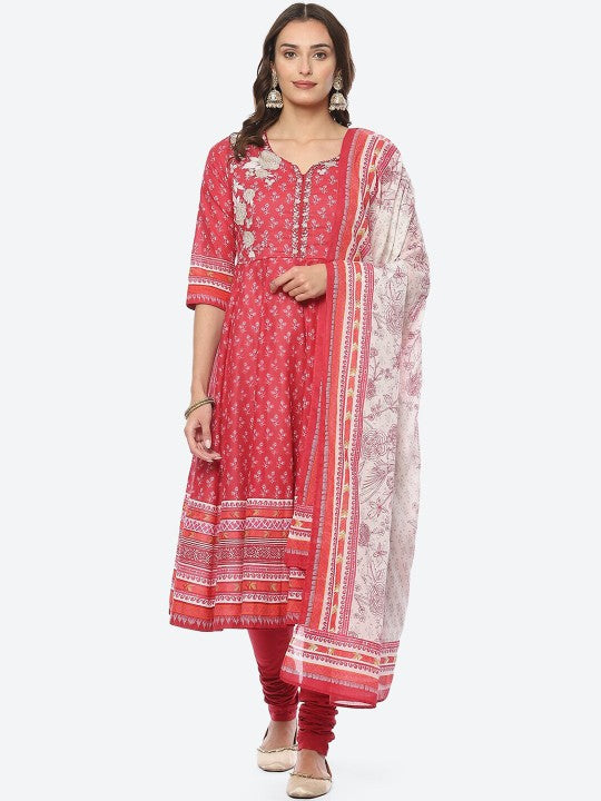 Biba Women Floral Printed Embroidered Kurta with Churidar & Dupatta