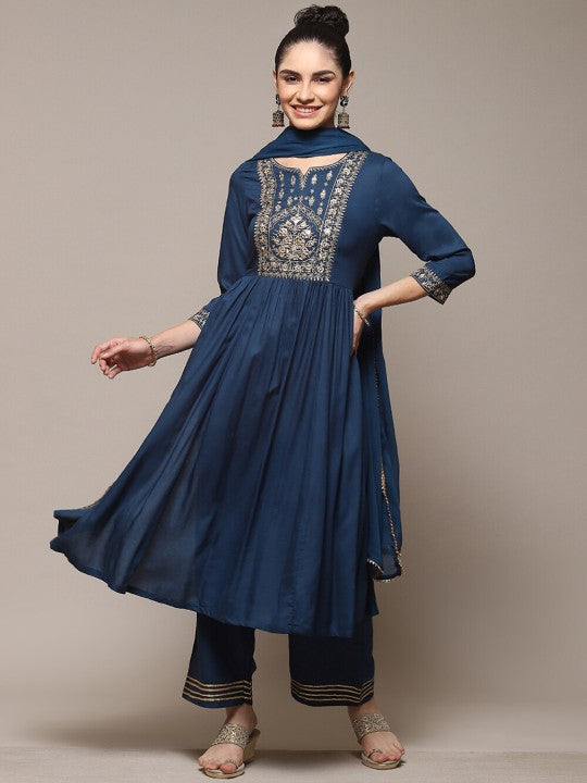 Biba Embroidered Mirror Work A-Line Kurta & Palazzos With Dupatta