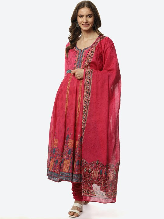 Biba Women Fuchsia Printed Kurta with Churidar & With Dupatta