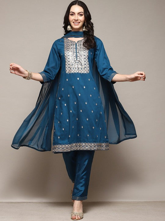 Biba Ethnic Motifs Embroidered Sequinned Detailed Straight Kurta & Trousers with Dupatta