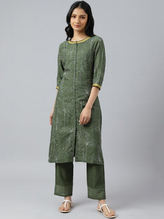 W Women Green Printed Cotton Kurta with Trousers