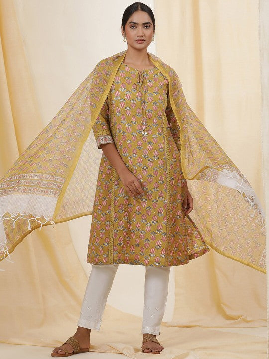 W Floral Printed Dupatta - Yellow & White