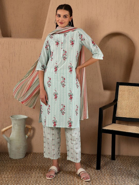 W Floral Print Cotton Kurta With Straight Pant & Dupatta