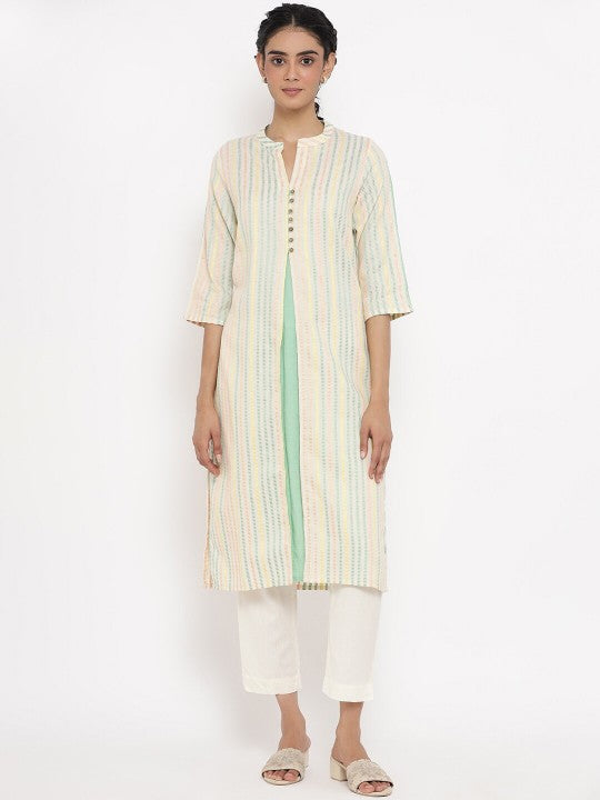 W Women Cream-Coloured Striped Layered Kurta