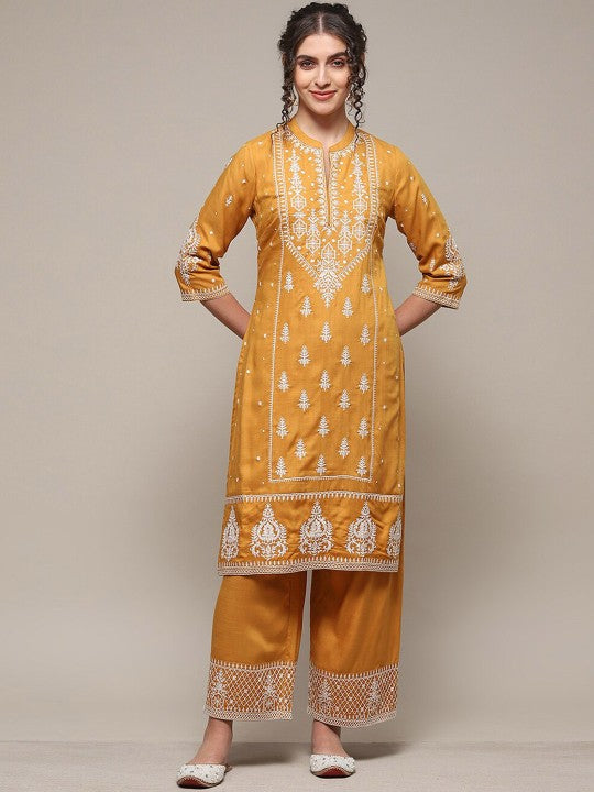 Biba Ethnic Motifs Embroidered Regular Thread Work Kurta With Palazzos