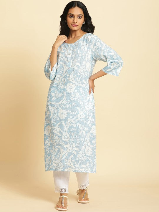 W Floral Printed Round Neck Pure Cotton Straight Kurta