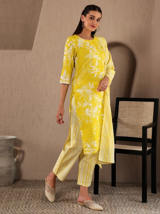 W Women Yellow & White Floral Printed Pure Cotton Kurta with Trousers & Dupatta