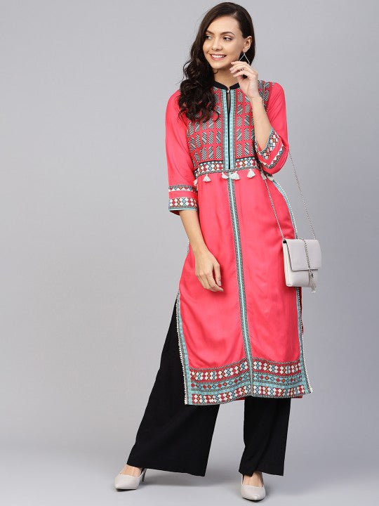 W Women Pink & Sea Green Printed Straight Kurta
