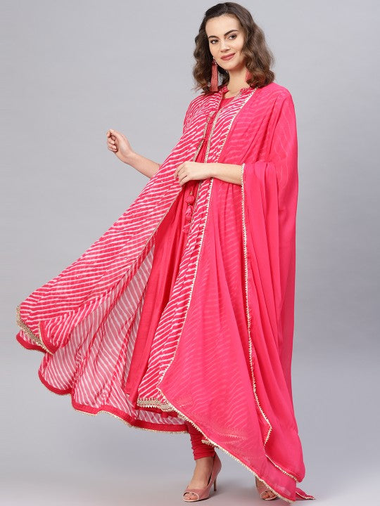 Biba Women Pink & Off-White Printed Layered Kurta with Churidar Leggings & Dupatta