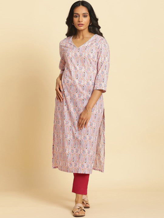 W Paisley Printed V-Neck Pure Cotton Straight Kurta