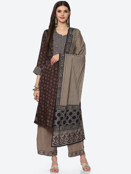 Biba Women Black Ethnic Motifs Printed Kurta with Palazzos & With Dupatta