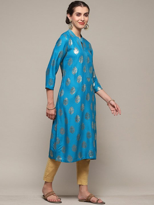 Biba Ethnic Motifs Printed Mandarin Collar A-Line Kurta - Blue