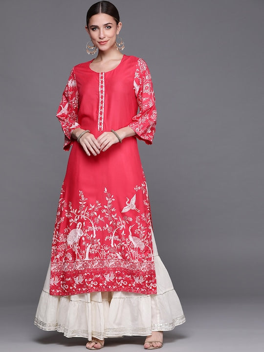 Biba Women Pink Floral Printed Extended Sleeves Kurta