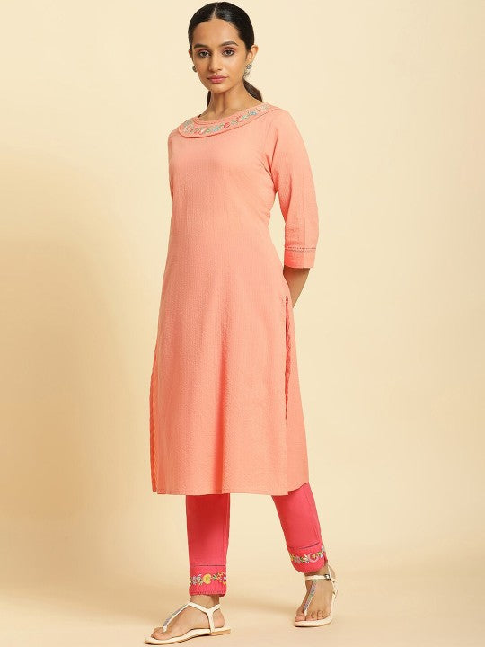 W Thread Work Kurta - Orange