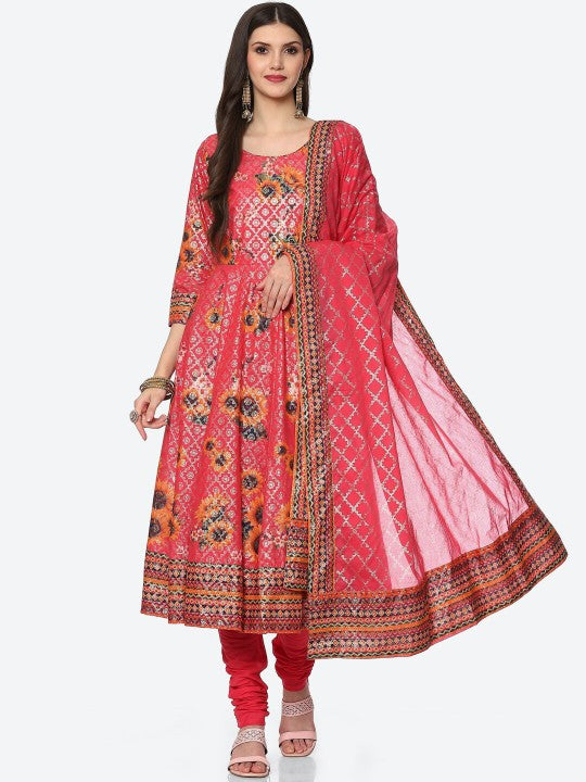 Biba Women Fuchsia Floral Printed Panelled Kurta with Churidar & Dupatta