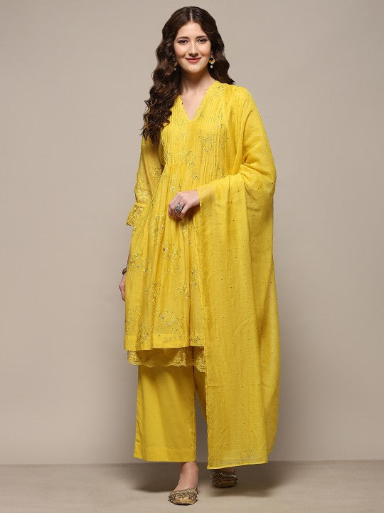 Biba Floral Embroidered Layered Sequinned Kurta With Palazzo & Dupatta