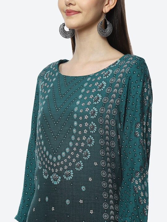 Biba Women Blue Ethnic Motifs Ethnic Printed Layered Kurta