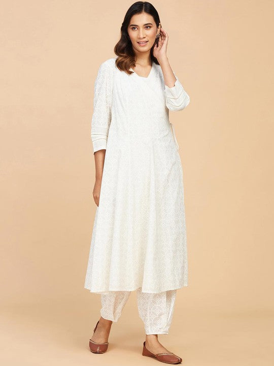 Fabindia Ethnic Motifs Printed Angrakha Cotton A-Line Kurta