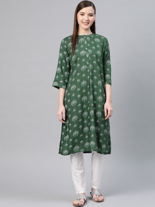 W Women Green & Off-White Printed A-Line Kurta