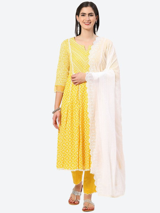 Biba Plus Size Ethnic Motifs Printed Kurta With Trousers & Dupatta