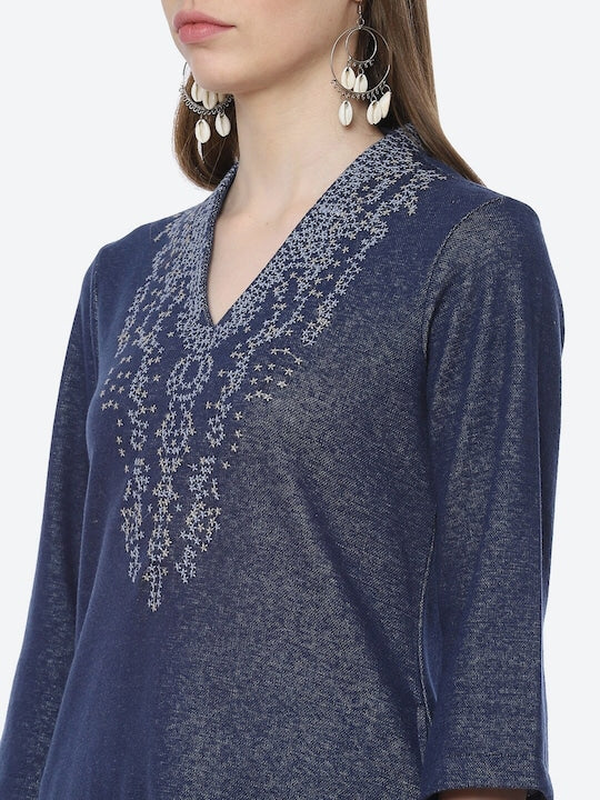 Biba Women Blue & White Yoke Design Thread Work Kurta