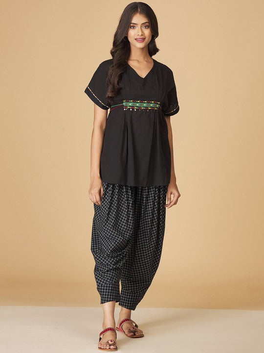 Fabindia Women Black Embroidered Regular Thread Work Pure Cotton Kurti with Salwar