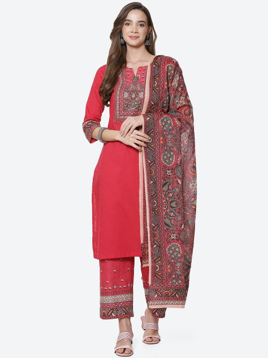 Biba Women Red Ethnic Motifs Striped Kurta with Palazzos & With Dupatta