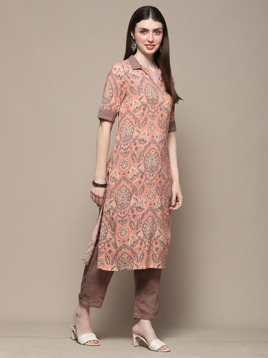 Biba Ethnic Motifs Printed Shirt Collar Straight Kurta With Trouser