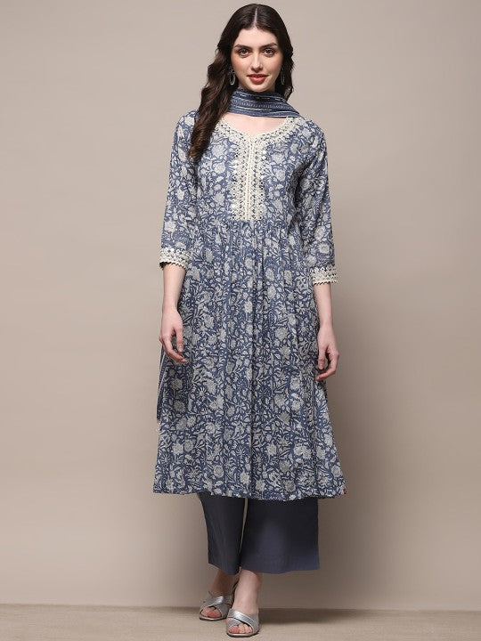 Biba Women Floral Printed Empire Thread Work Pure Cotton Kurta with Palazzos & With Dupatta