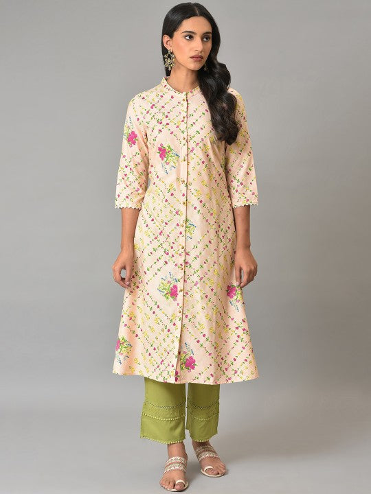 W Floral Printed Band Collar A-Line Kurta