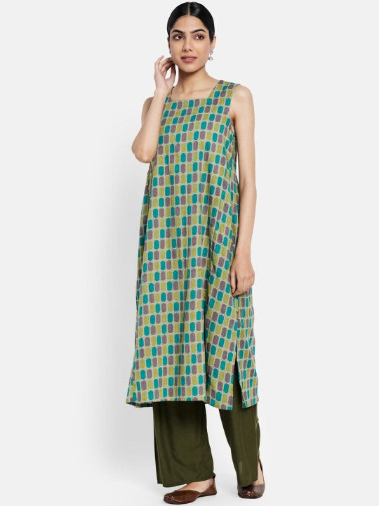 Fabindia Women Teal Blue & Purple Geometric Printed Cotton Kurta